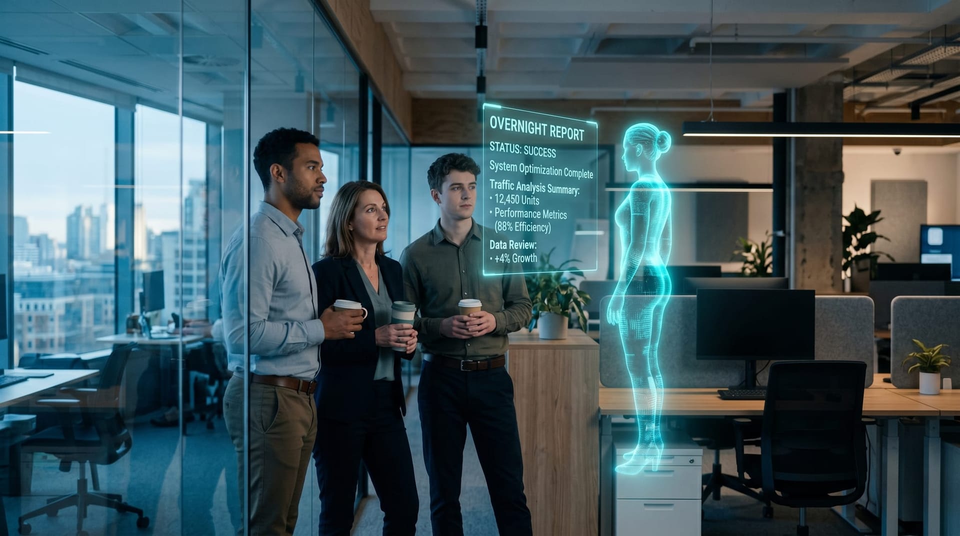 A small Northeast Indiana team arriving to a calm morning office where a holographic AI watchdog already diagnosed an overnight cloud issue