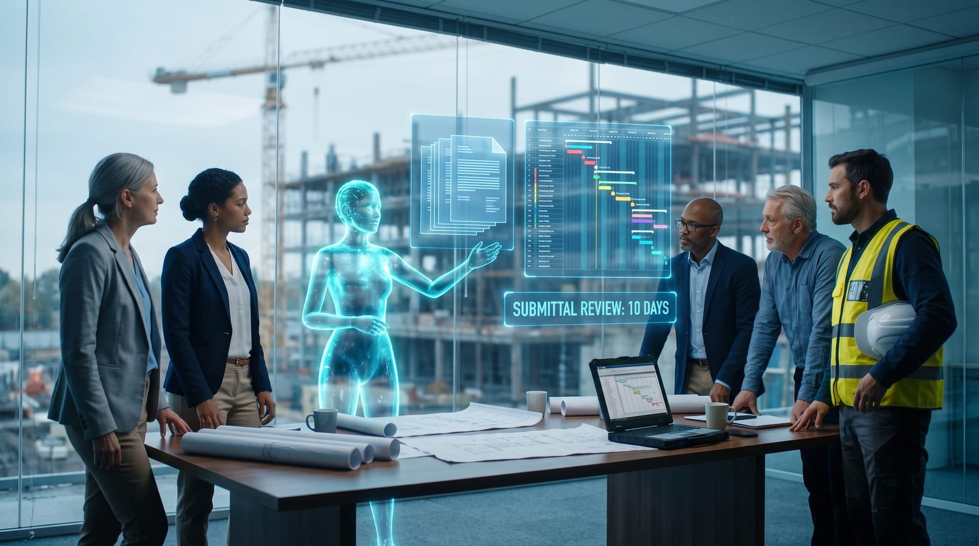 Construction AI document review team in a glass-walled Fort Wayne site office studying holographic cyan submittal panels with an AI avatar