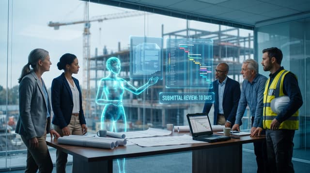 Construction AI document review team in a glass-walled Fort Wayne site office studying holographic cyan submittal panels with an AI avatar
