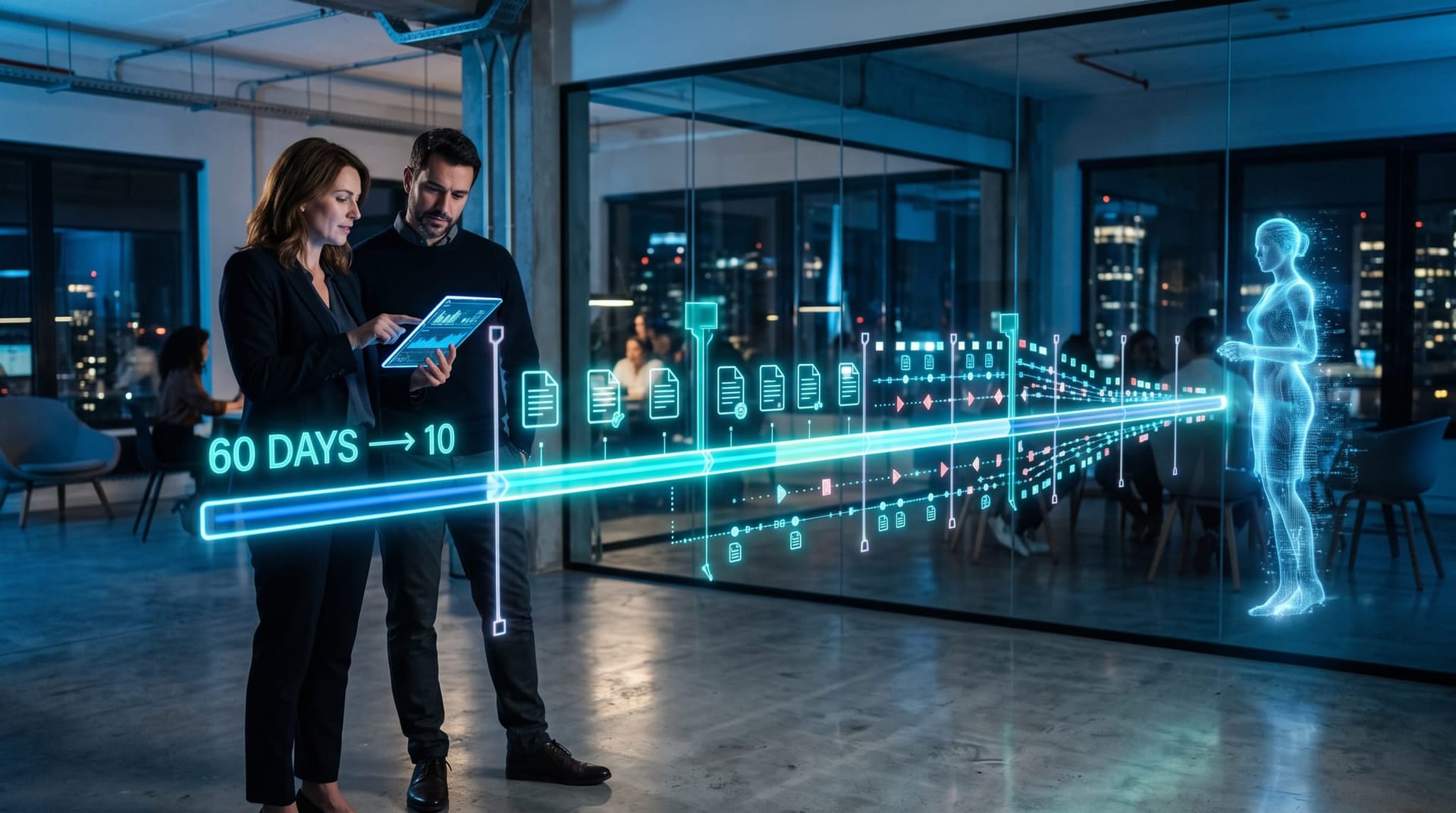 Superintendent and colleague watching a holographic timeline compress from sixty days to ten as cyan document icons flow through an approval pipeline