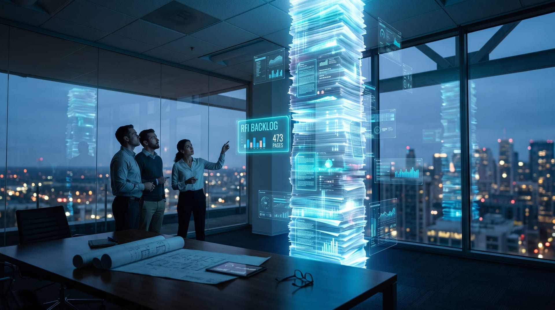 Towering holographic stack of construction documents beside a small project team, cyan RFI counters floating above spec books and drawings