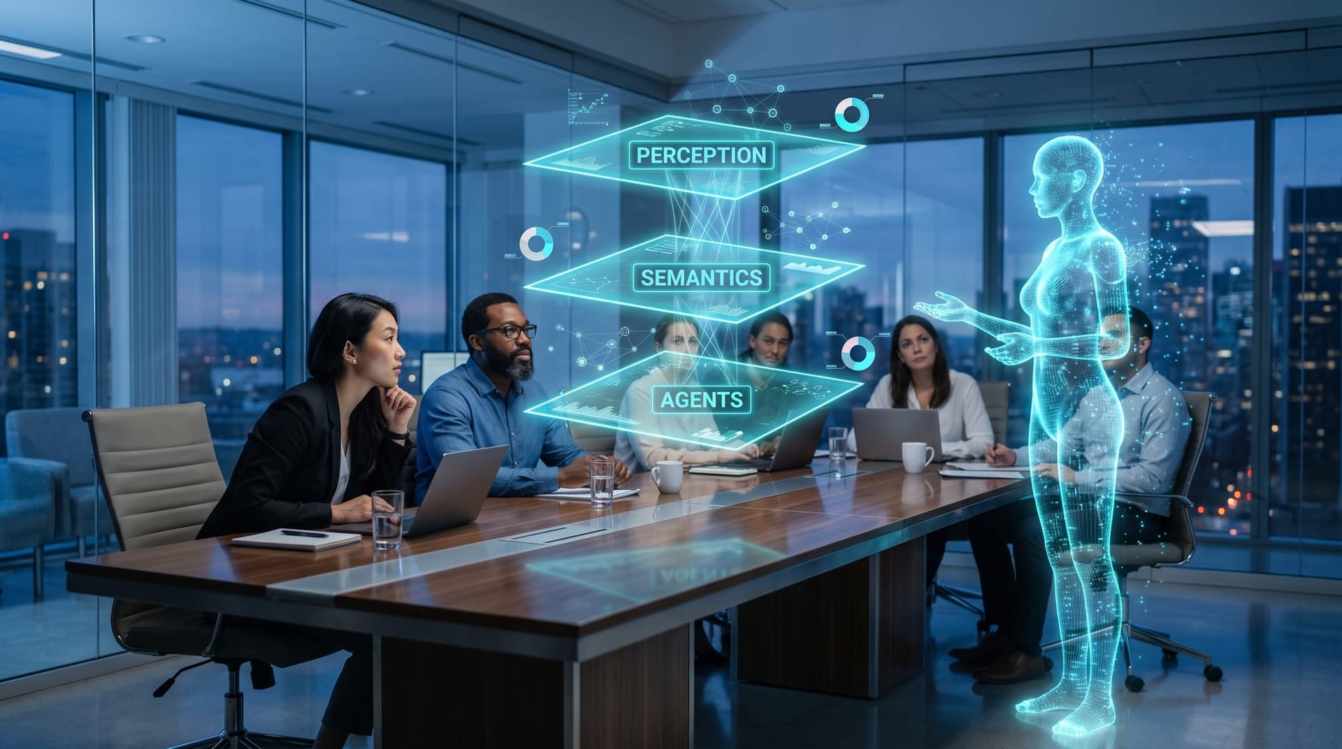 Three glowing architecture layers labeled perception, semantics, and agents stacked as holographic planes above a conference table during a demo