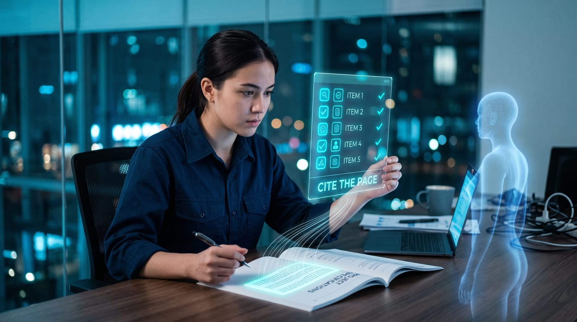 Contractor examining a holographic checklist panel with glowing citation lines linking an AI answer back to a highlighted page in a spec book