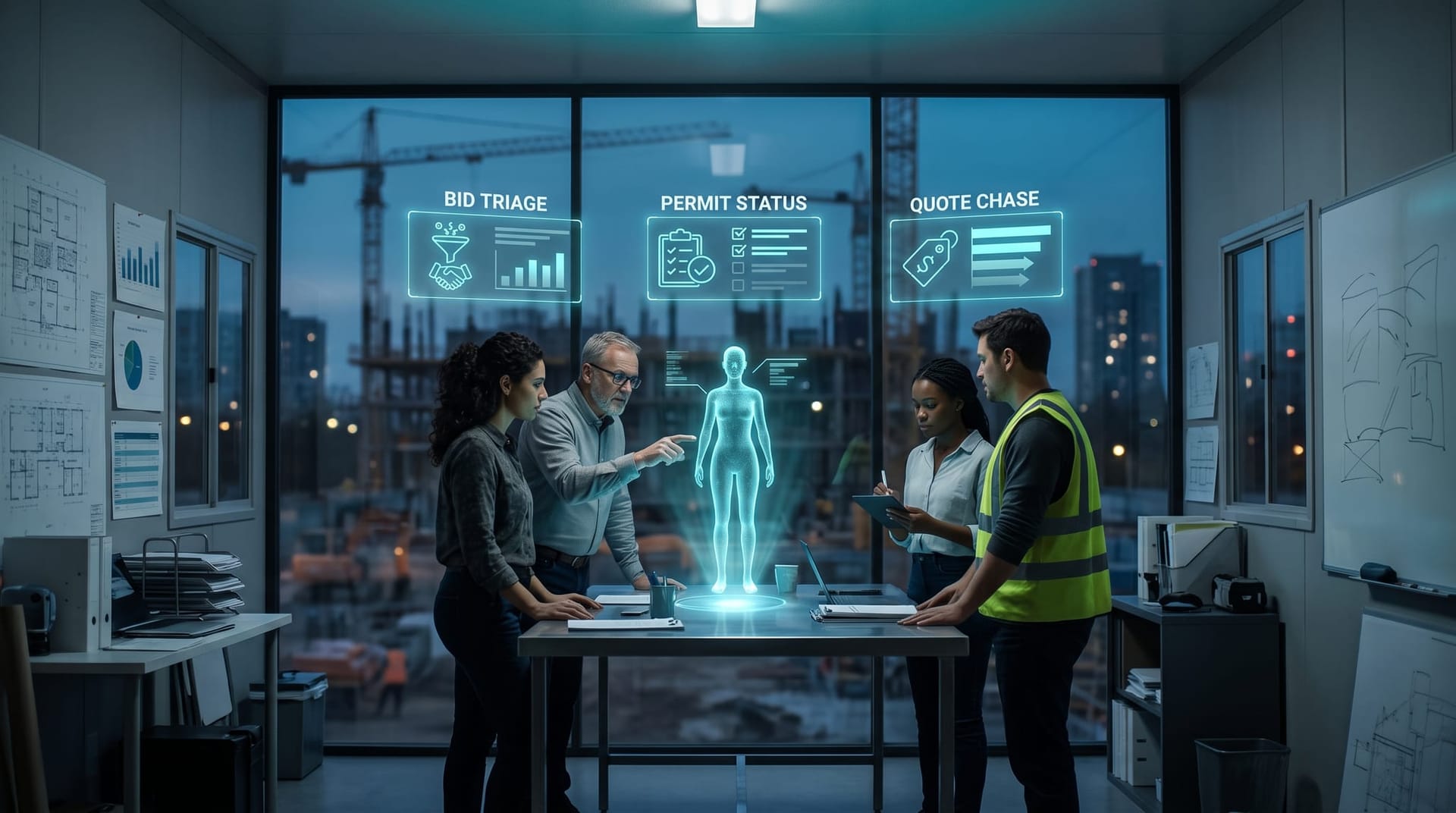 Evening view of a Fort Wayne construction site office where a team and holographic AI avatar review floating panels for bids, permits, and quotes