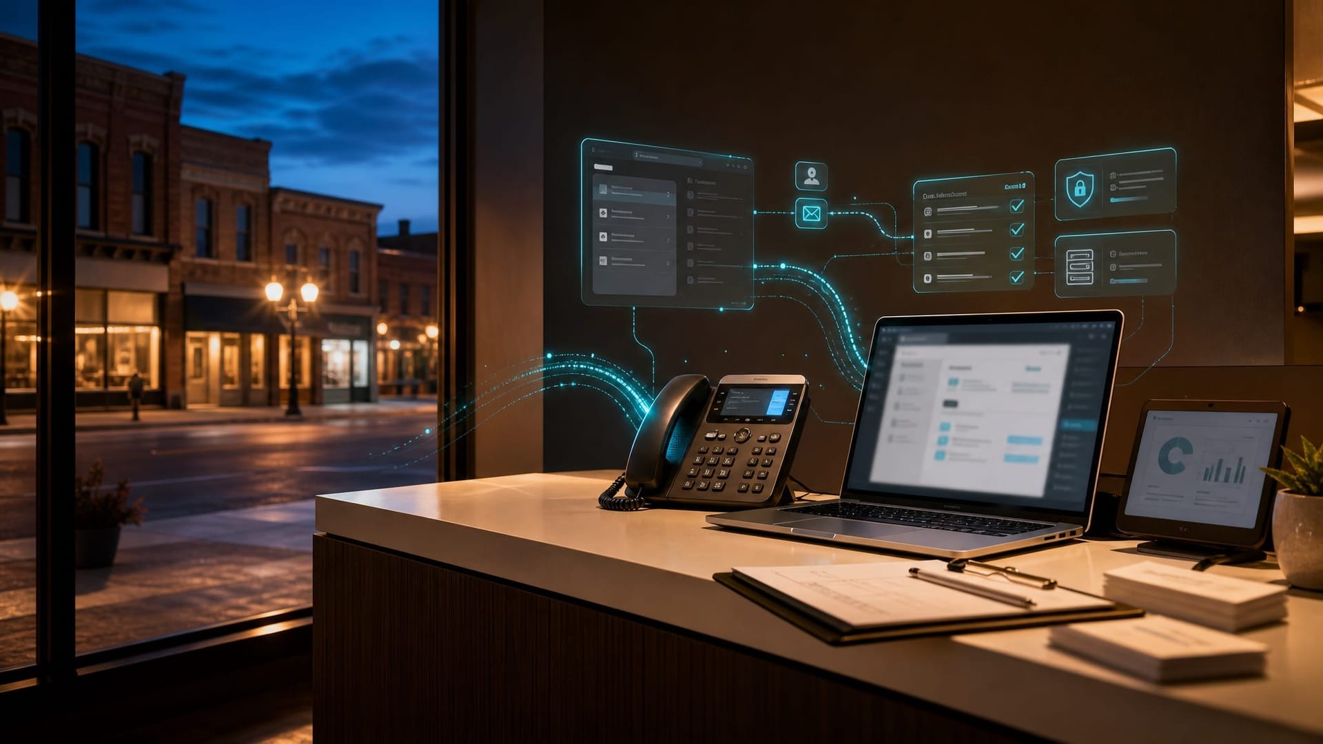 A Fort Wayne small business storefront at dusk with a softly lit phone and laptop on the front counter, suggesting after-hours customer service handled by an AI Employee.