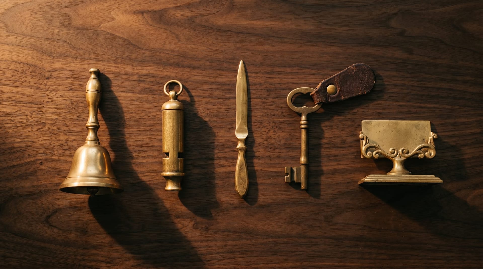Five vintage brass communication tools arranged on a dark walnut desk surface, representing the cross-channel customer service surface — voice, chat, email, SMS, and ticketing.