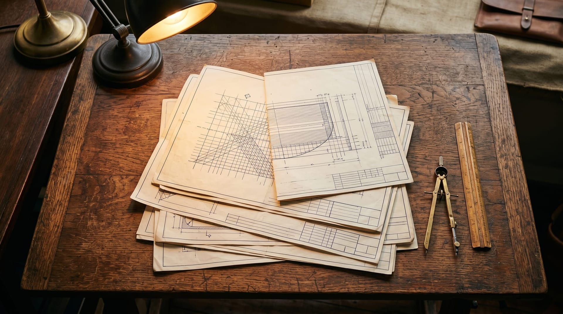 A vintage architect's drafting table with a layered set of unmarked blueprints, a brass compass, and a small desk lamp, illustrating the layered cross-channel AI Employee deployment architecture.