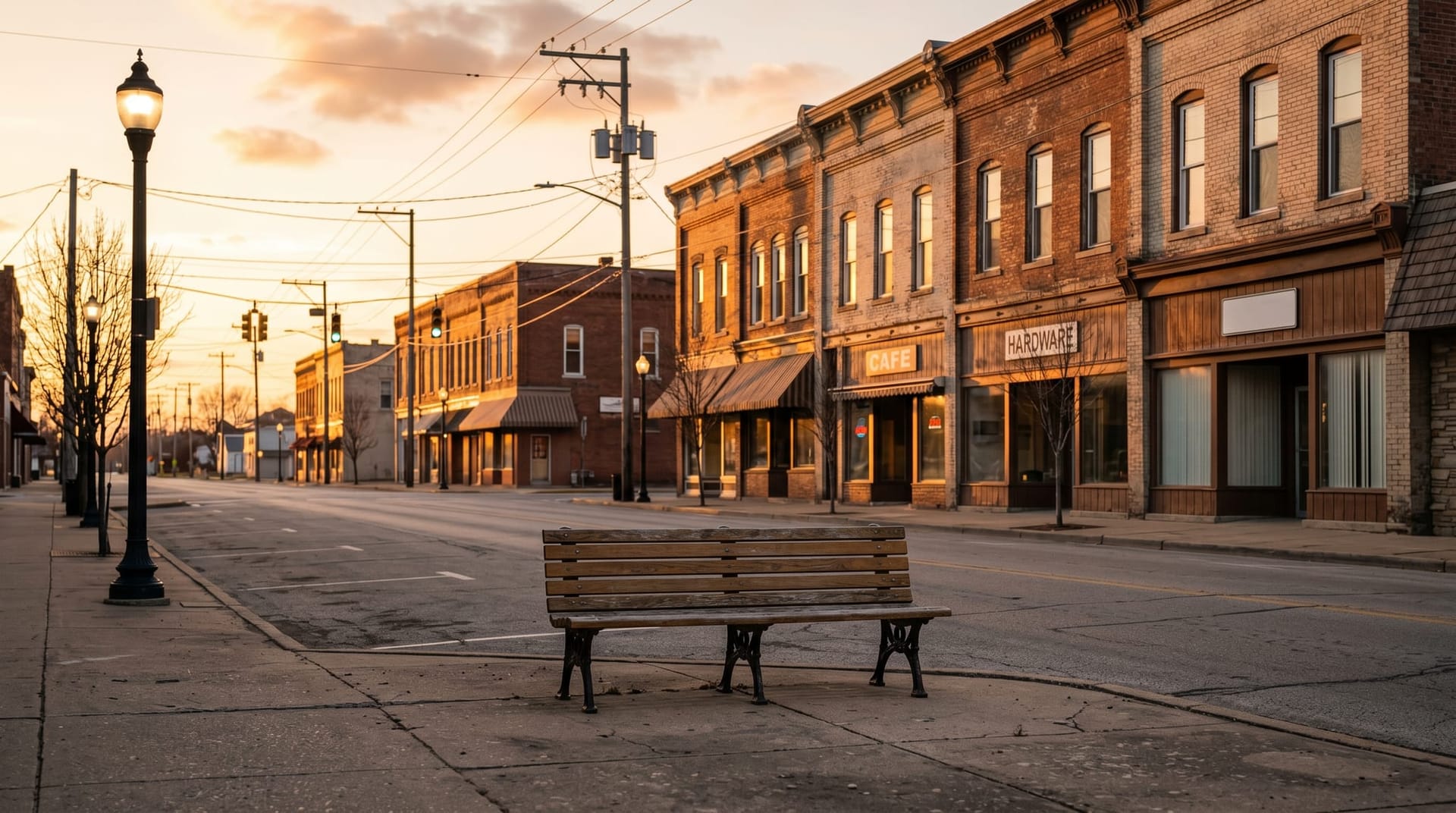 Quiet Northeast Indiana service-business main street at golden hour with warm storefront lighting and an empty bench, illustrating the Fort Wayne mid-market deployment context.