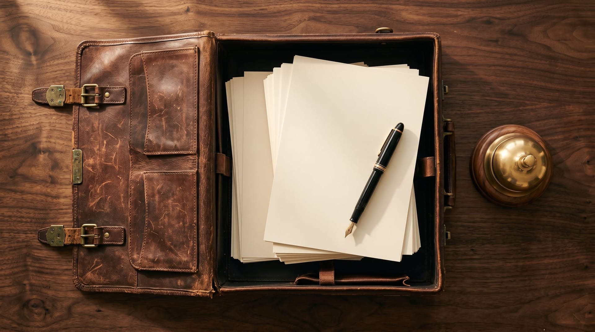 An open vintage briefcase on a dark walnut surface with neatly stacked unmarked papers and a single brass desk bell, illustrating the enterprise validation signal of the Netomi funding round.