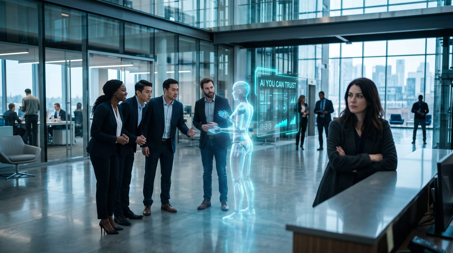 Northeast Indiana business team welcoming a translucent cyan holographic AI employee while a skeptical customer watches from a glass-walled service counter
