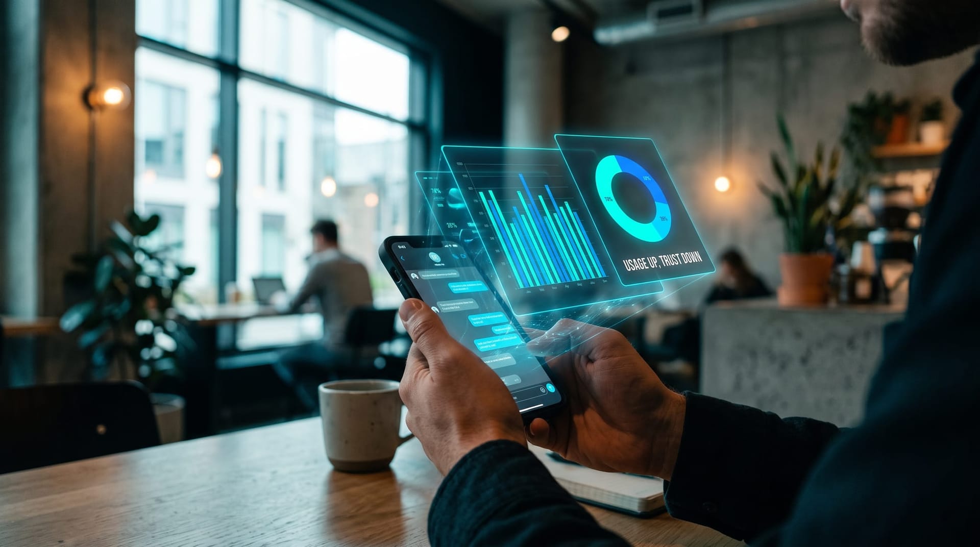 Person using an AI chatbot on a phone while a floating cyan dashboard shows AI usage versus trust data in a Fort Wayne setting