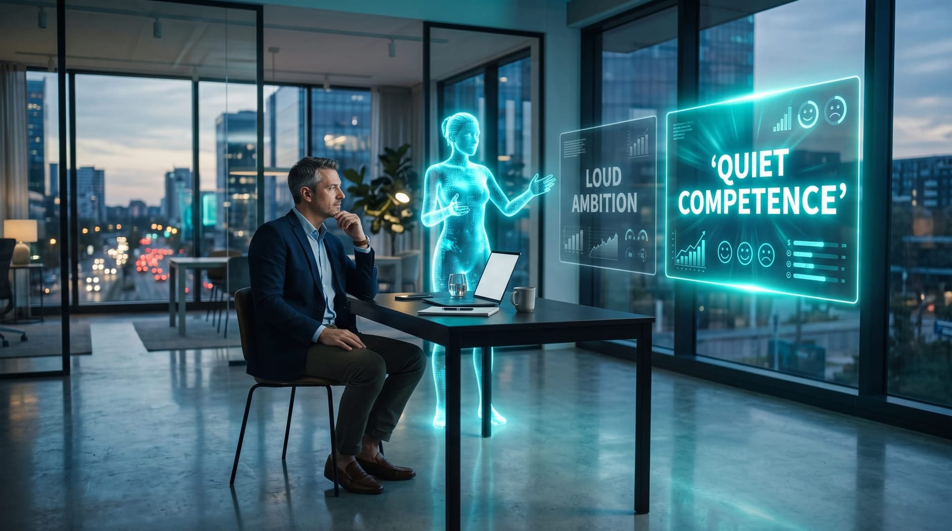 Fort Wayne small business owner weighing customer-facing AI options at a desk with a translucent holographic AI employee presenting choices