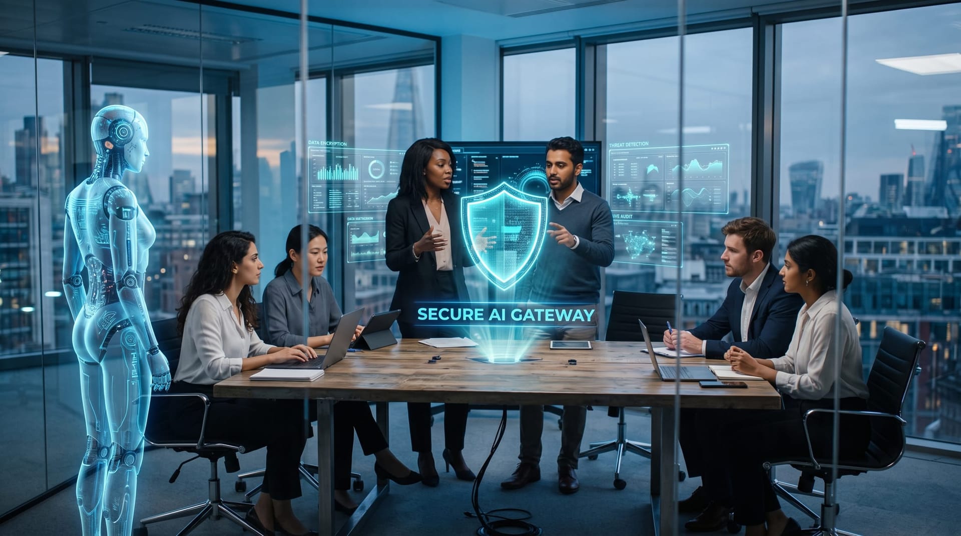 Secure AI gateway concept with a holographic shield protecting customer data between a business team and an AI model, cyan glow