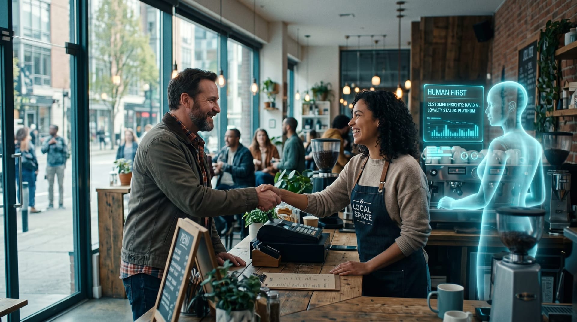 Northeast Indiana local business team shaking hands with a customer as a translucent holographic AI employee supports them in the background