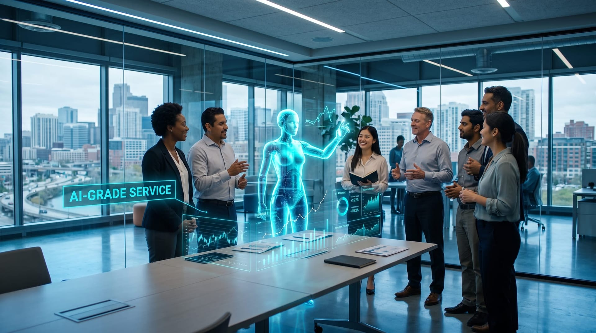 Northeast Indiana business team collaborating confidently with a translucent AI employee hologram and floating trust dashboards, cool blue office