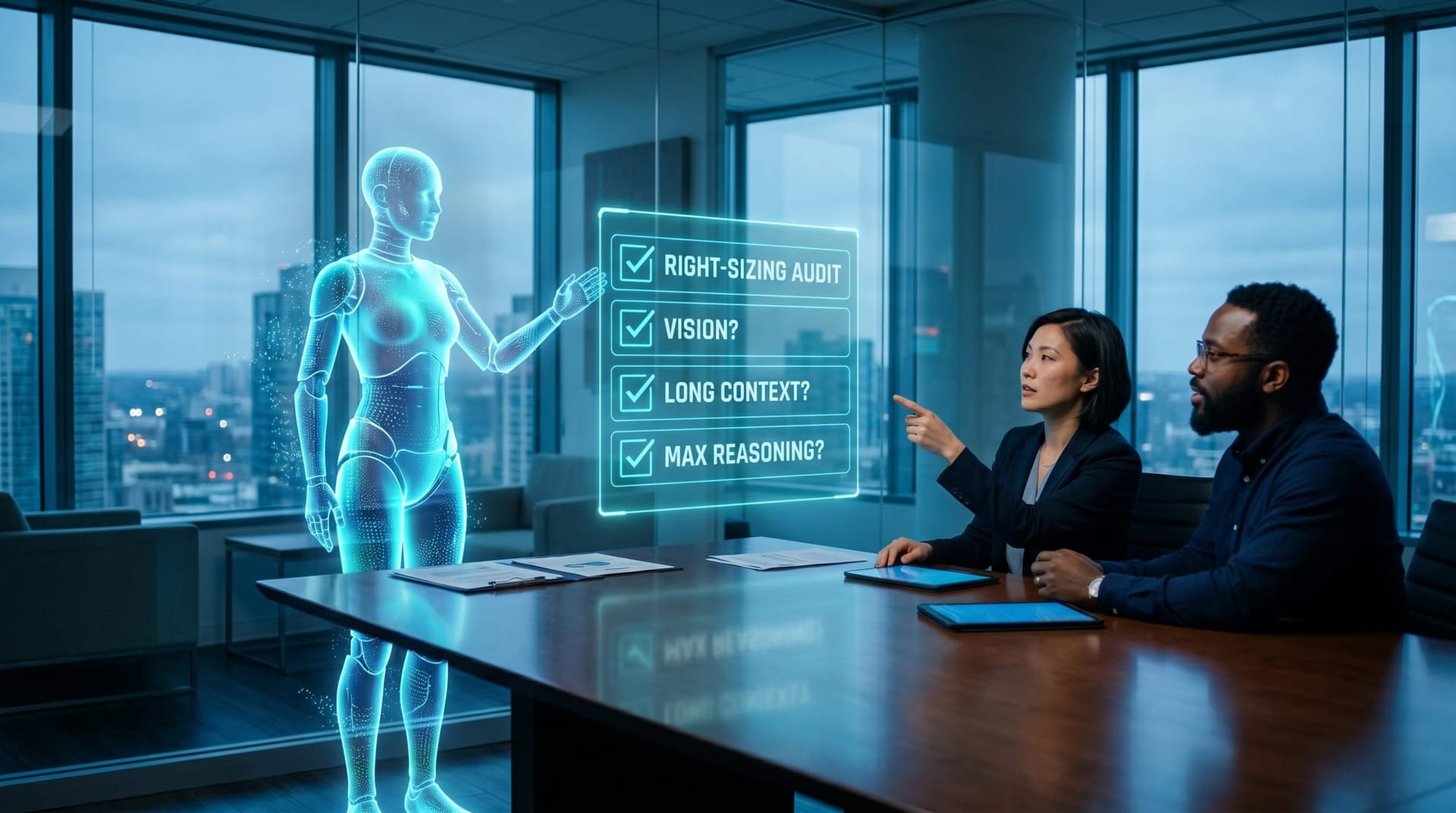 Translucent cyan AI avatar presenting a holographic right-sizing audit checklist panel to seated colleagues in a cool-blue conference room for AI cost reduction