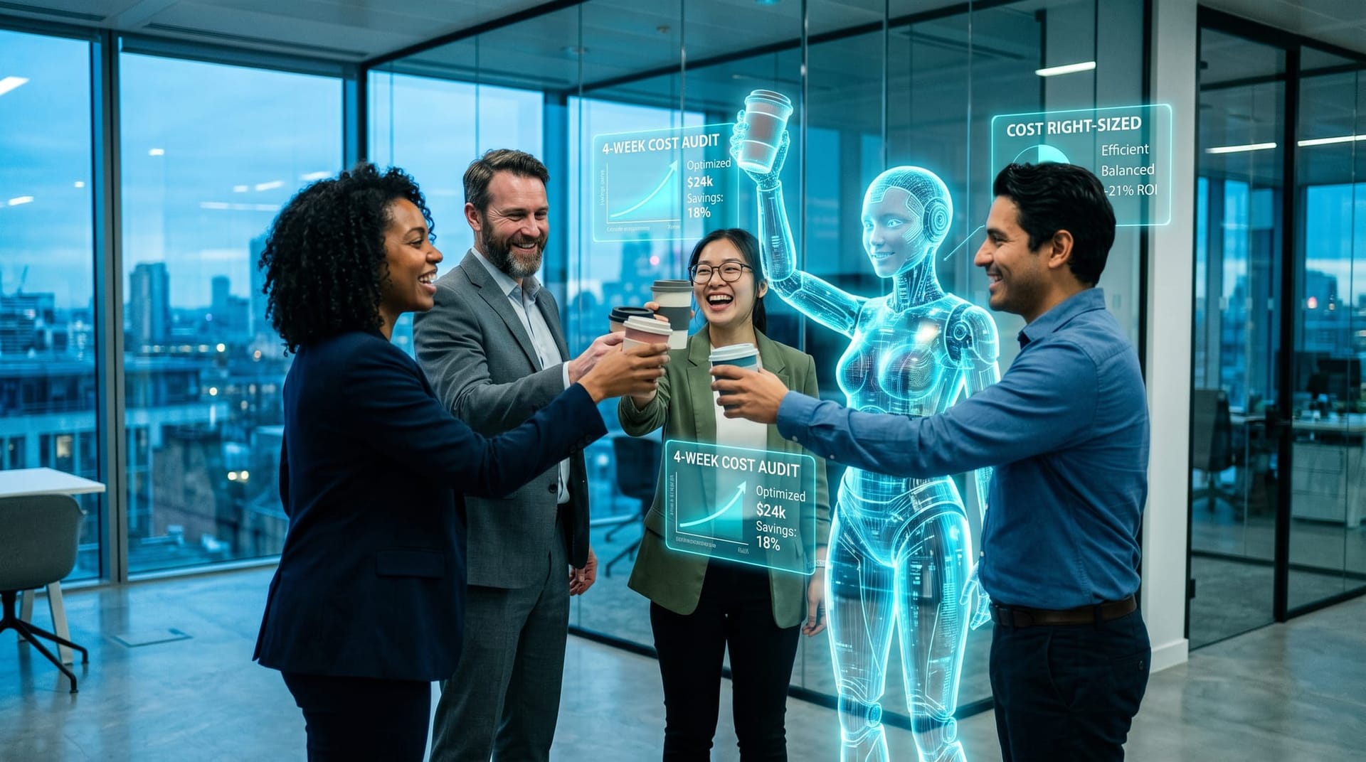 Diverse business team toasting coffee cups in celebration around a cyan AI avatar with a 4-WEEK COST AUDIT holographic panel in a cool-blue glass office