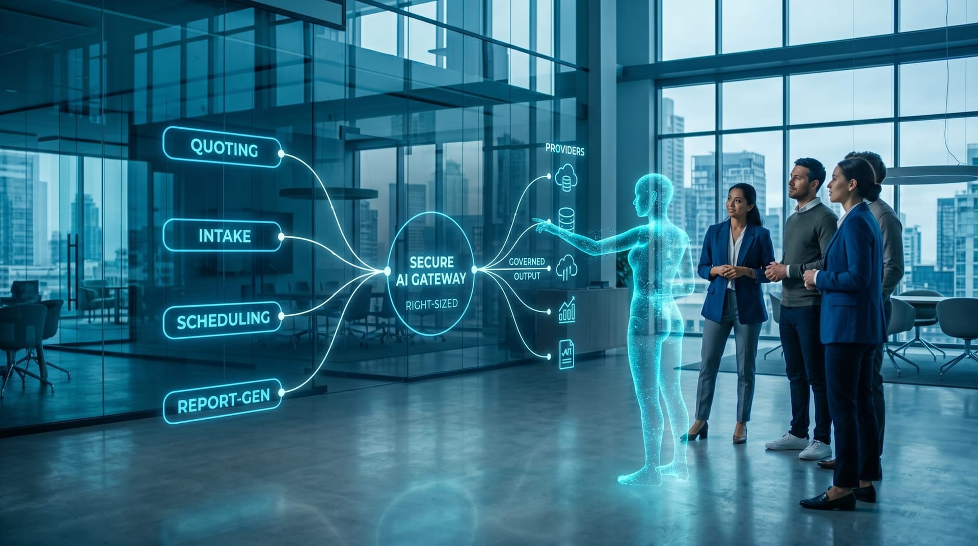 Holographic architecture visualization of per-workflow model lanes routing into a single SECURE AI GATEWAY node labeled RIGHT-SIZED in a cool-blue server-lit office