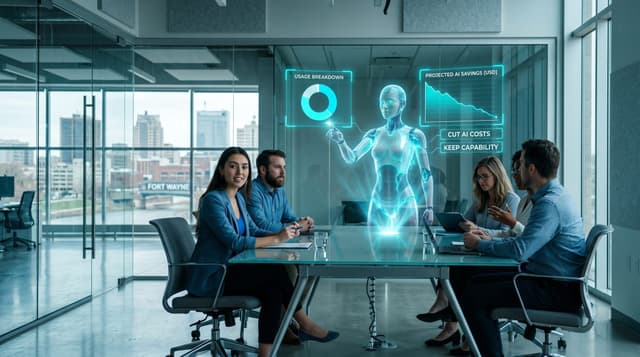 Fort Wayne business team in a cool-lit glass office leaning toward a translucent cyan AI avatar showing CUT AI COSTS and KEEP CAPABILITY panels for AI cost reduction
