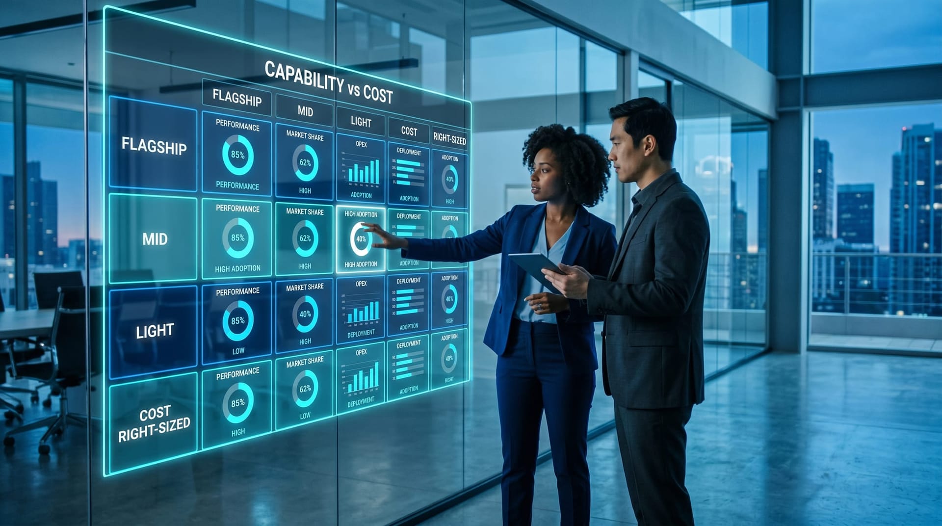 Diverse professionals studying a glowing cyan CAPABILITY vs COST grid of model tiers floating in a cool-blue office, illustrating AI right-sizing decisions