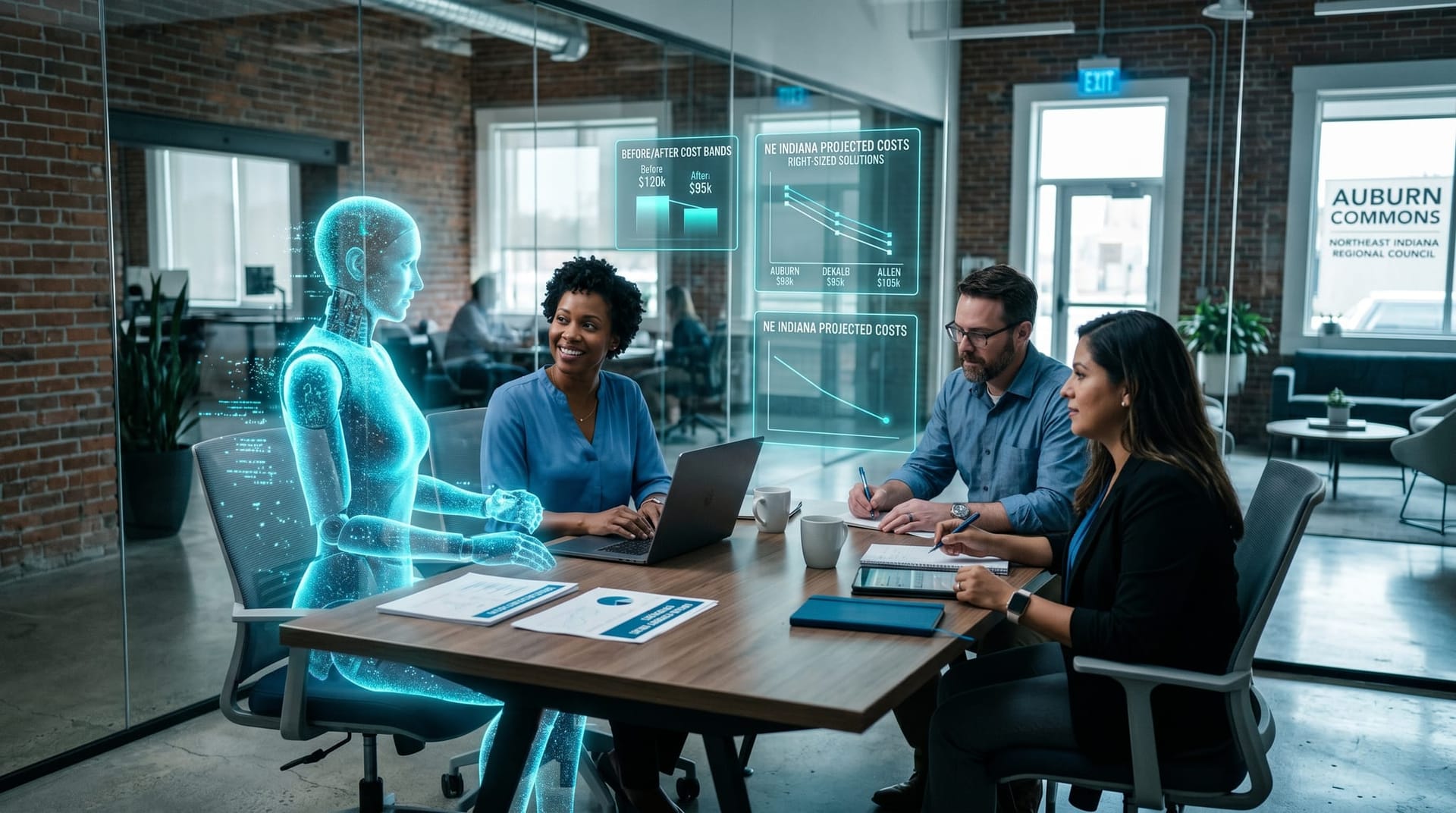 Mid-sized Northeast Indiana regional office team collaborating with a cyan AI avatar showing a NE INDIANA RIGHT-SIZED holographic cost panel