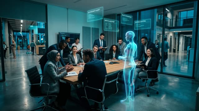 Diverse business team in a glass-walled Fort Wayne conference room reviews holographic cyan sovereignty audit panels beside a translucent AI avatar, NE Indiana data sovereignty audit
