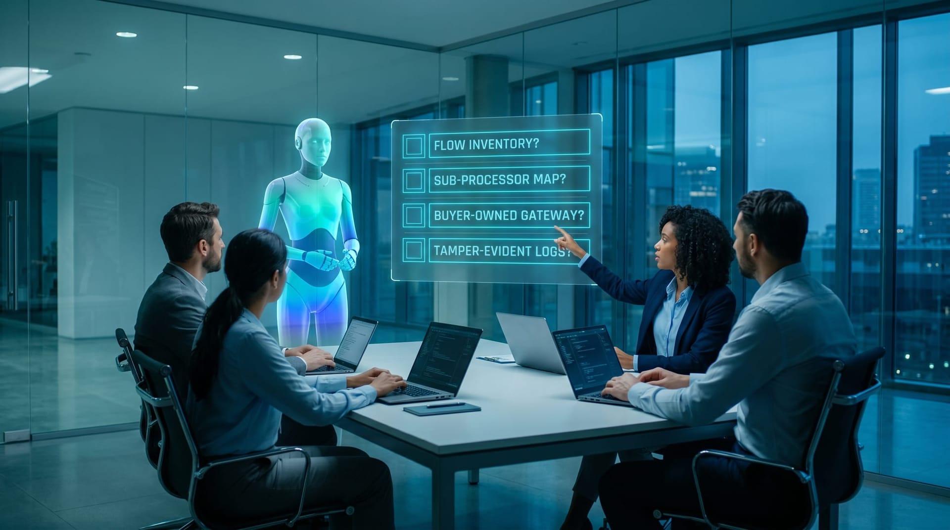 Diverse team of NE Indiana compliance and IT professionals review a holographic 6-question data sovereignty audit checklist with glowing cyan panels in a modern conference room