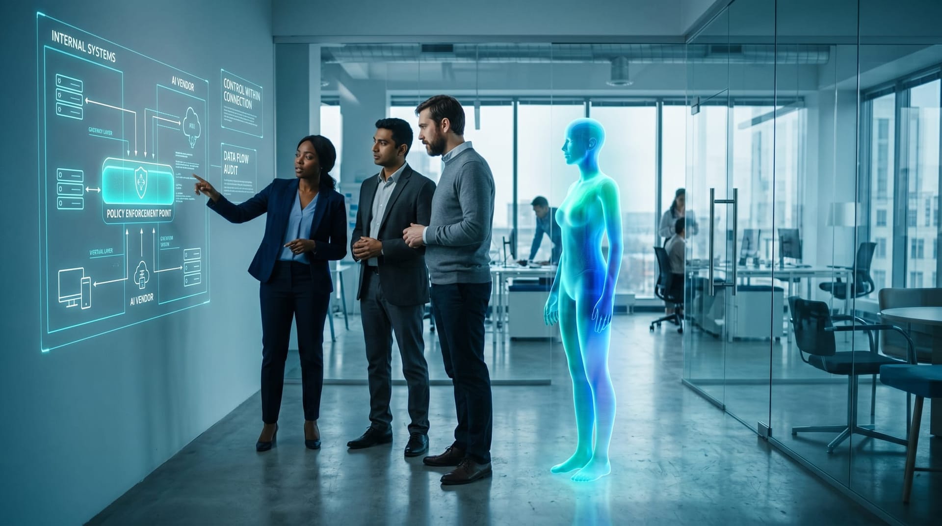 Business professionals in a modern Northeast Indiana glass-walled office discuss connected AI data flows with a translucent holographic AI avatar and floating control-within-connection UI panels