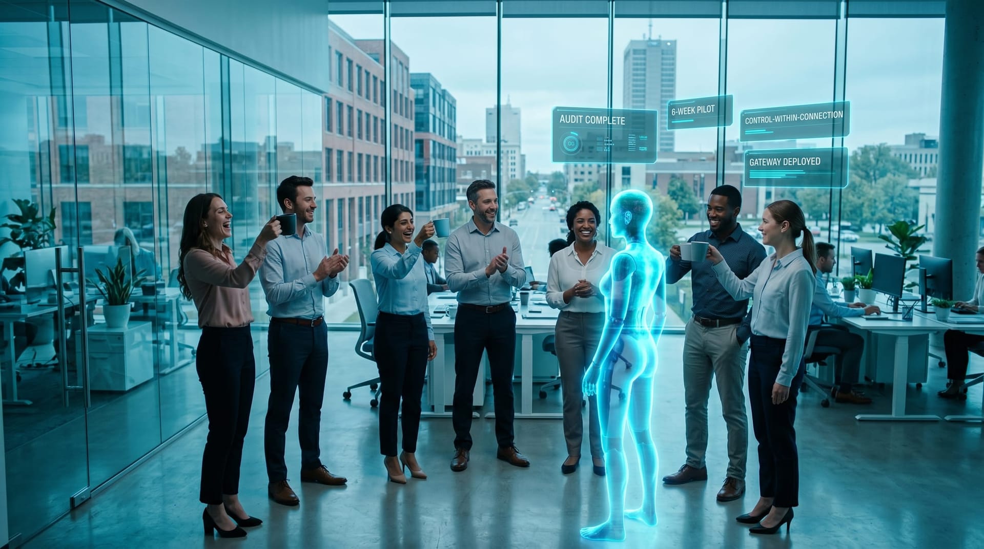 Diverse NE Indiana business team celebrates a completed 6-week data sovereignty audit milestone with a holographic AI avatar in a Fort Wayne glass office, cyan glow panels showing audit complete status