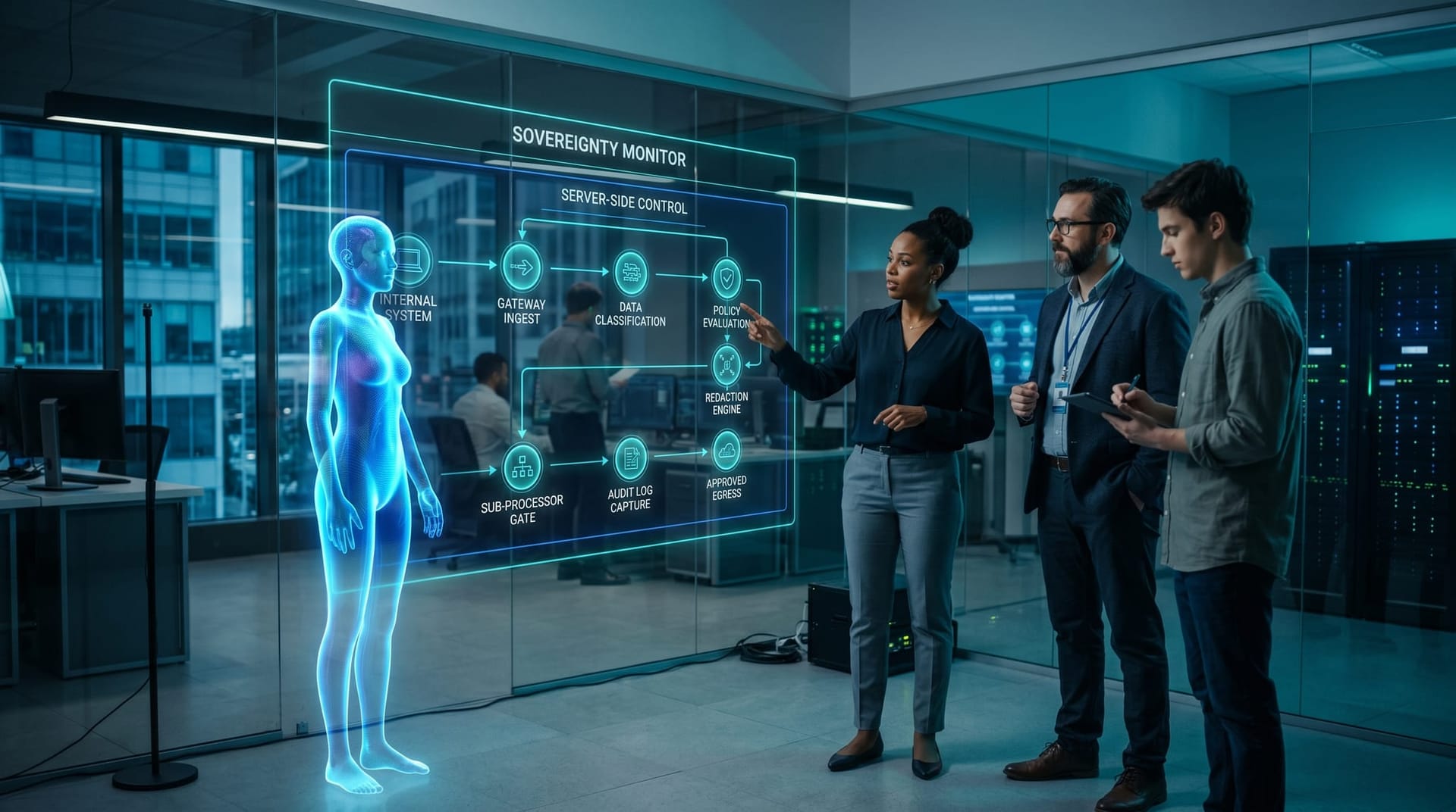 Translucent holographic AI avatar and diverse IT team in a glass-walled server room review a glowing cyan Secure AI Gateway architecture diagram showing server-side data classification and redaction