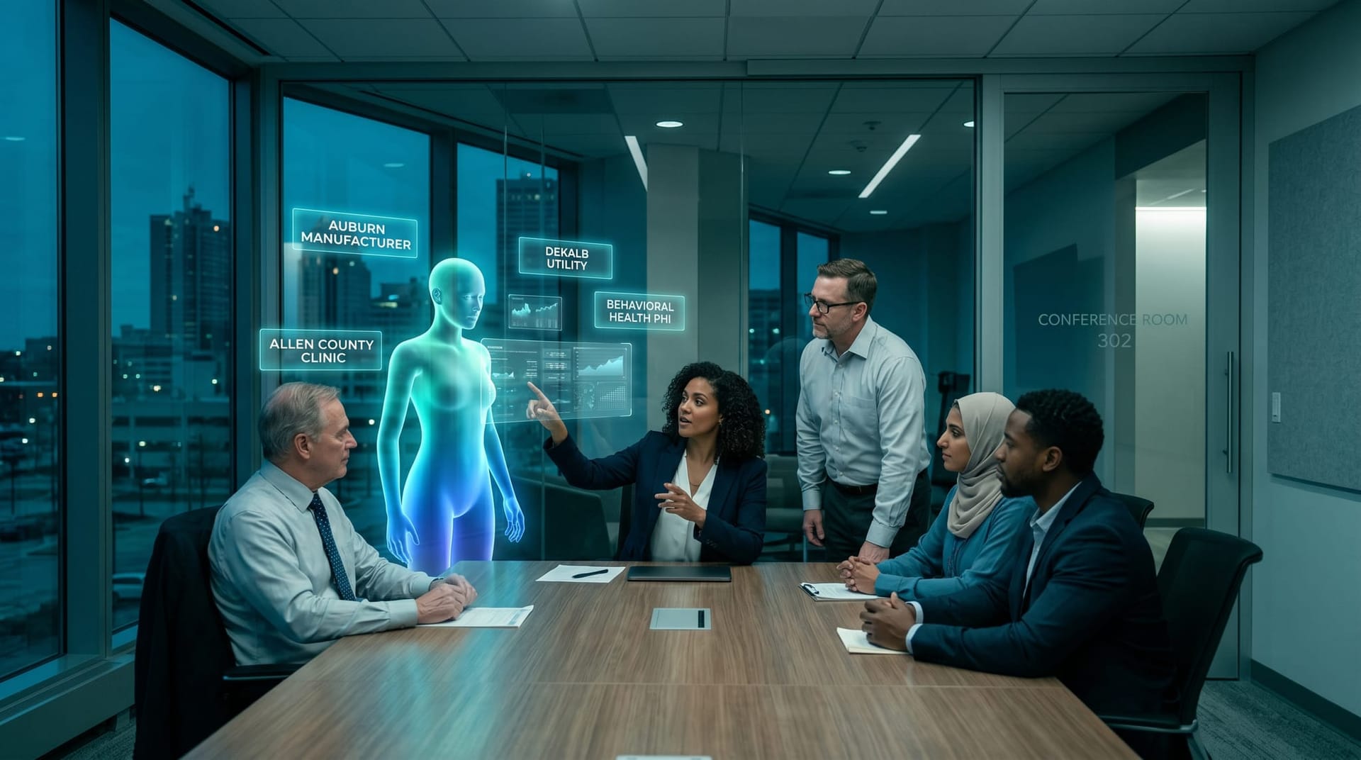 Diverse NE Indiana business team from manufacturing, utility, and healthcare sectors collaborates around holographic cyan scenario panels with a translucent AI avatar in a Fort Wayne glass-walled office