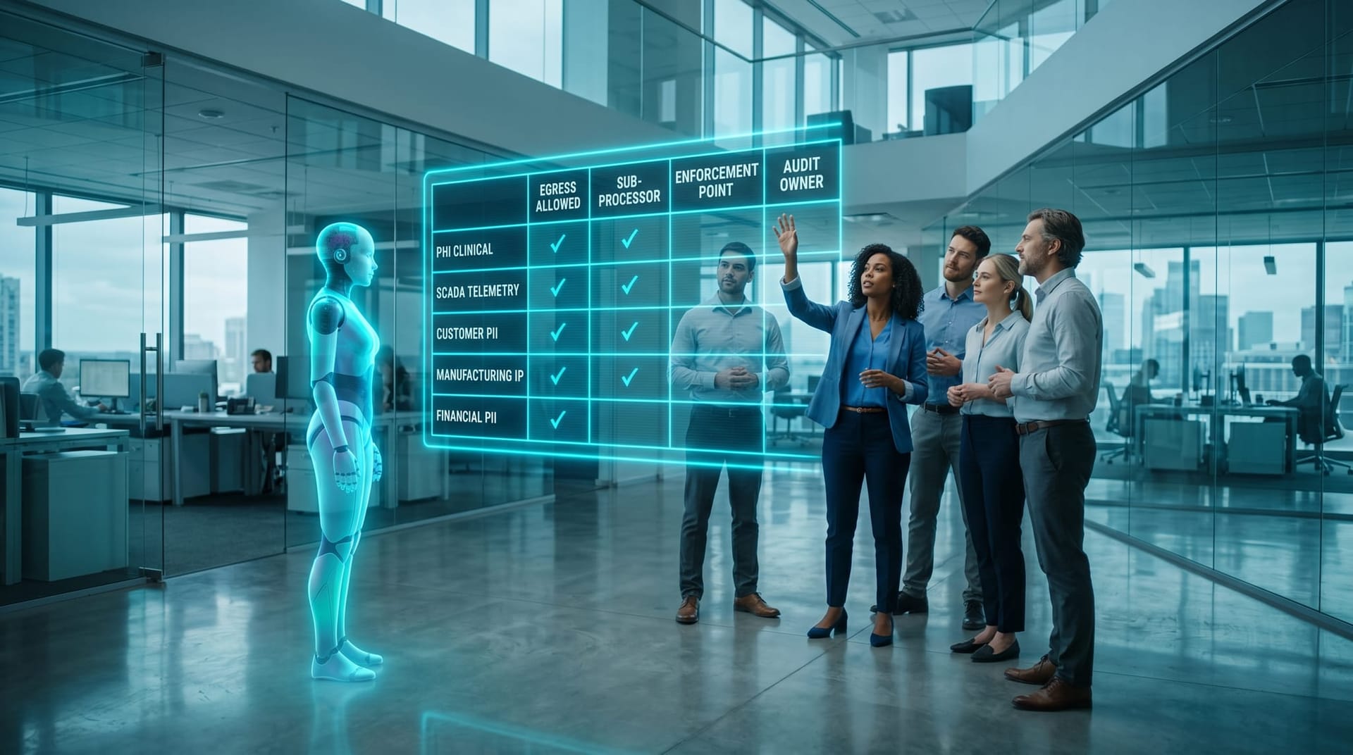 Holographic sovereignty control matrix with data class rows and policy columns glows cyan above a diverse business team in a modern Fort Wayne office setting