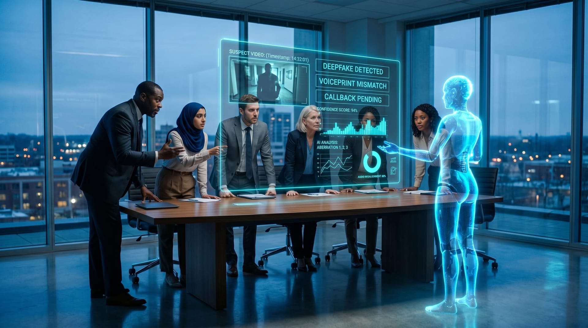 Fort Wayne professional services team in a glass-walled office reviewing a floating cyan holographic verification dashboard while a translucent AI humanoid scans a suspect deepfake video feed.