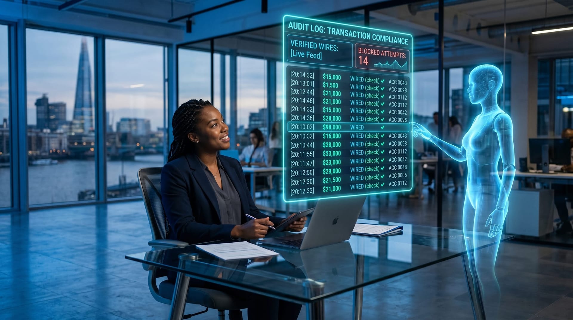 A diverse compliance officer and a translucent AI humanoid review a long scrolling cyan holographic audit log of wire verification events glowing above a glass desk in a Fort Wayne office.