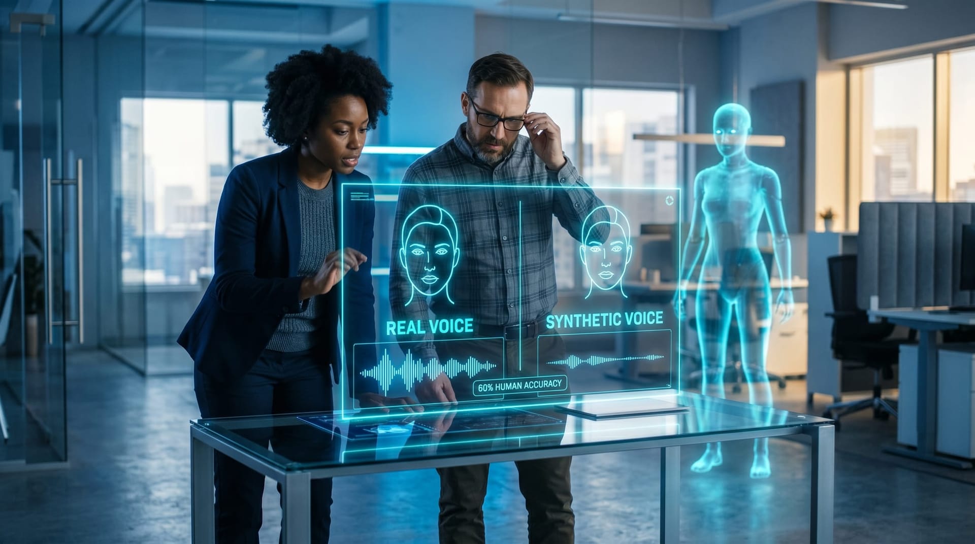 Two diverse colleagues study a split holographic comparison panel of a real and synthetic face waveform side by side in cyan light with a translucent AI humanoid observing.