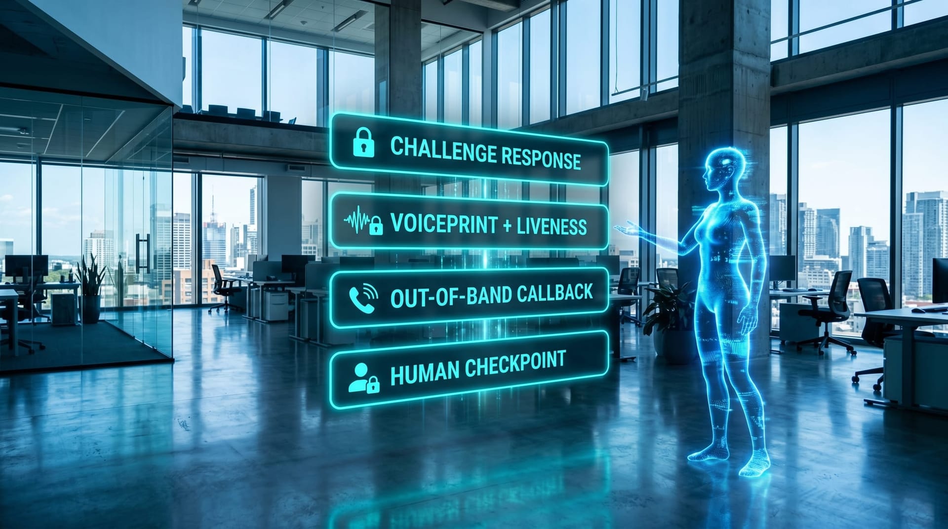 Four stacked floating cyan holographic verification layers labeled challenge response voiceprint callback and human checkpoint floating in a modern Fort Wayne office with a translucent AI humanoid presenting them.