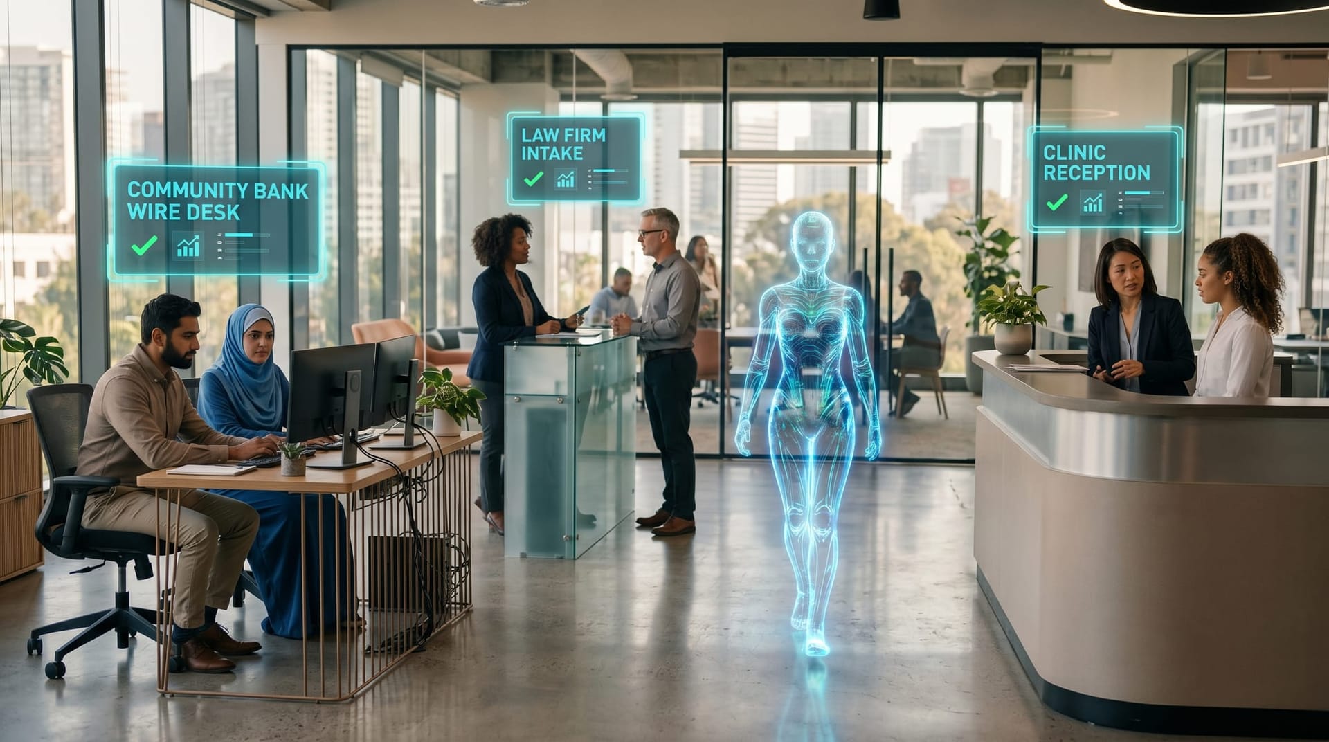 Three small NE Indiana mid-market teams — a community bank wire desk, a law firm intake desk, and a clinic reception — each beside a floating cyan holographic verification panel as a translucent AI humanoid moves between them.