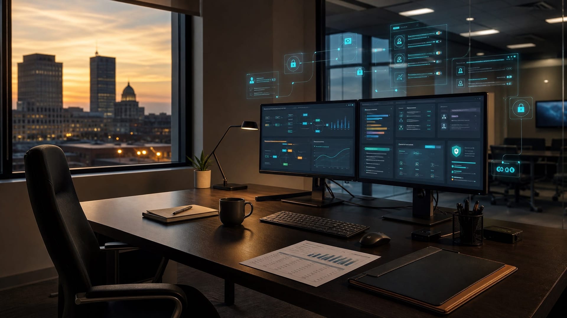 An empty corner office in a small Fort Wayne professional building at dusk with two monitors showing a multi-model AI dashboard and a printed cost spreadsheet on the desk.