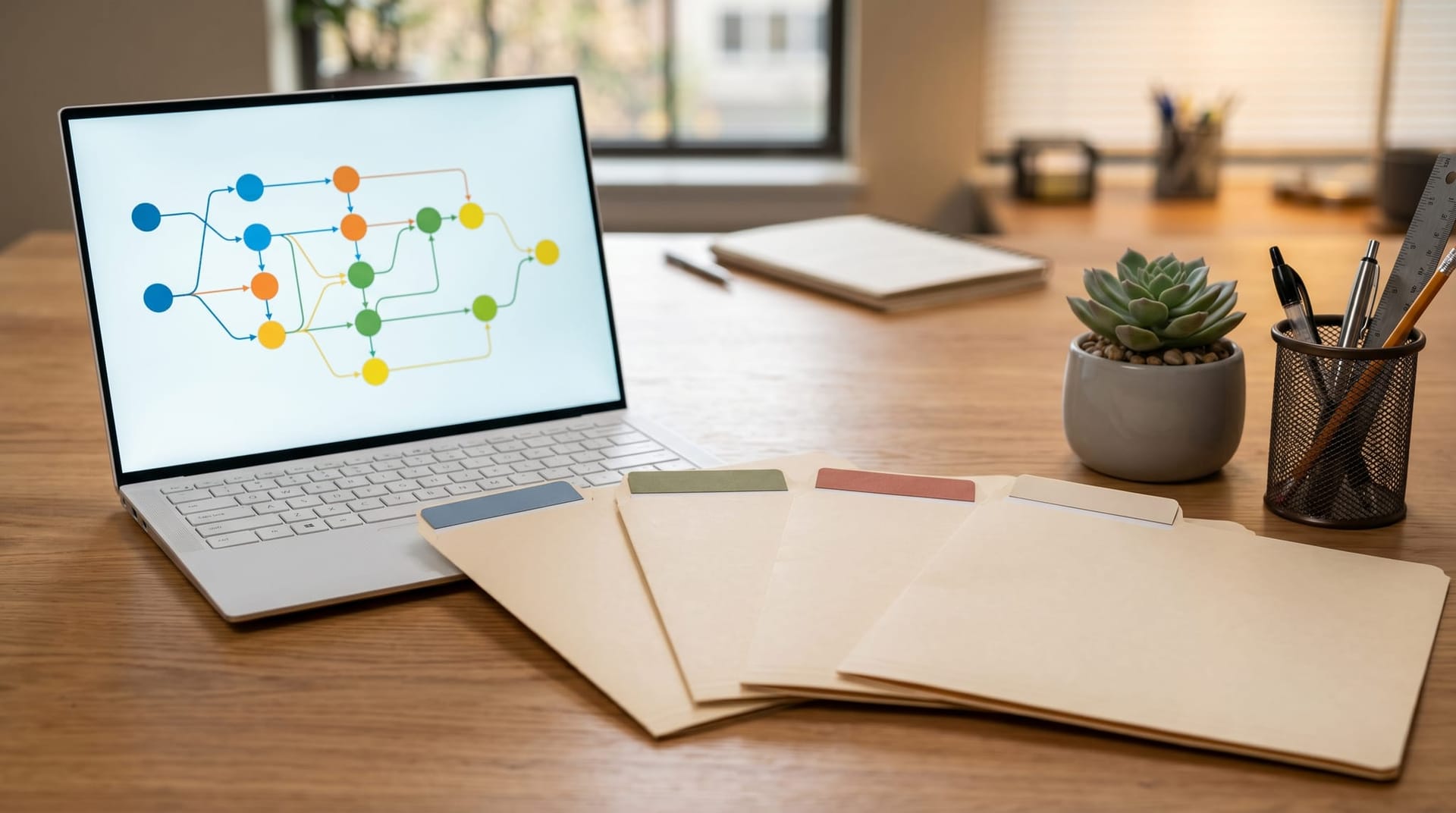 An organized workstation with four labeled folders representing AI workload categories — research, content, phone, and operations — beside a laptop showing routing logic.