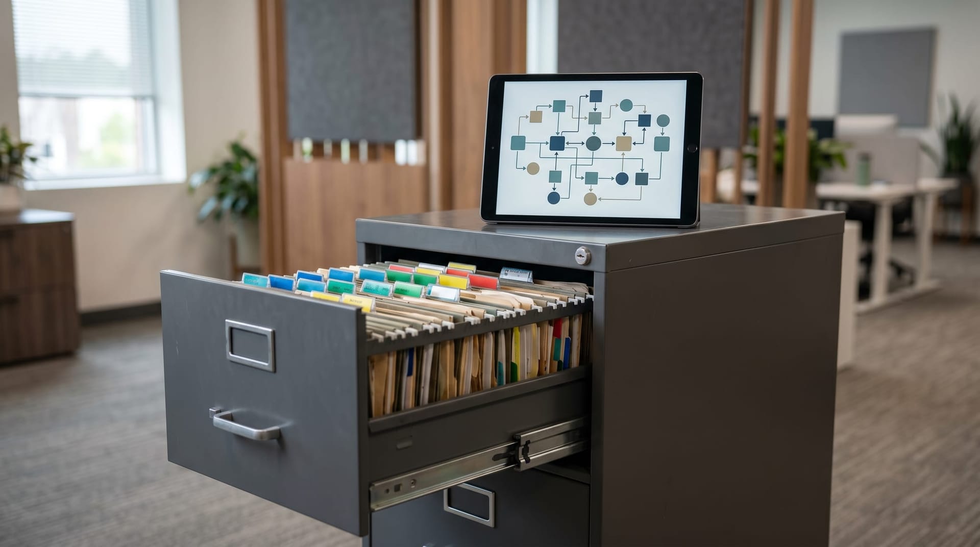 A locked filing cabinet drawer half-open showing color-tabbed folders and a tablet with a data-classification flowchart, representing AI governance and supply-chain documentation.