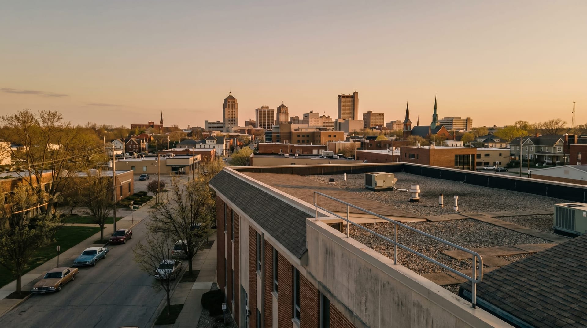 Aerial-style view of a small Fort Wayne professional building rooftop at golden hour with downtown Indiana skyline behind it, framing the local mid-market AI Employee deployment context.