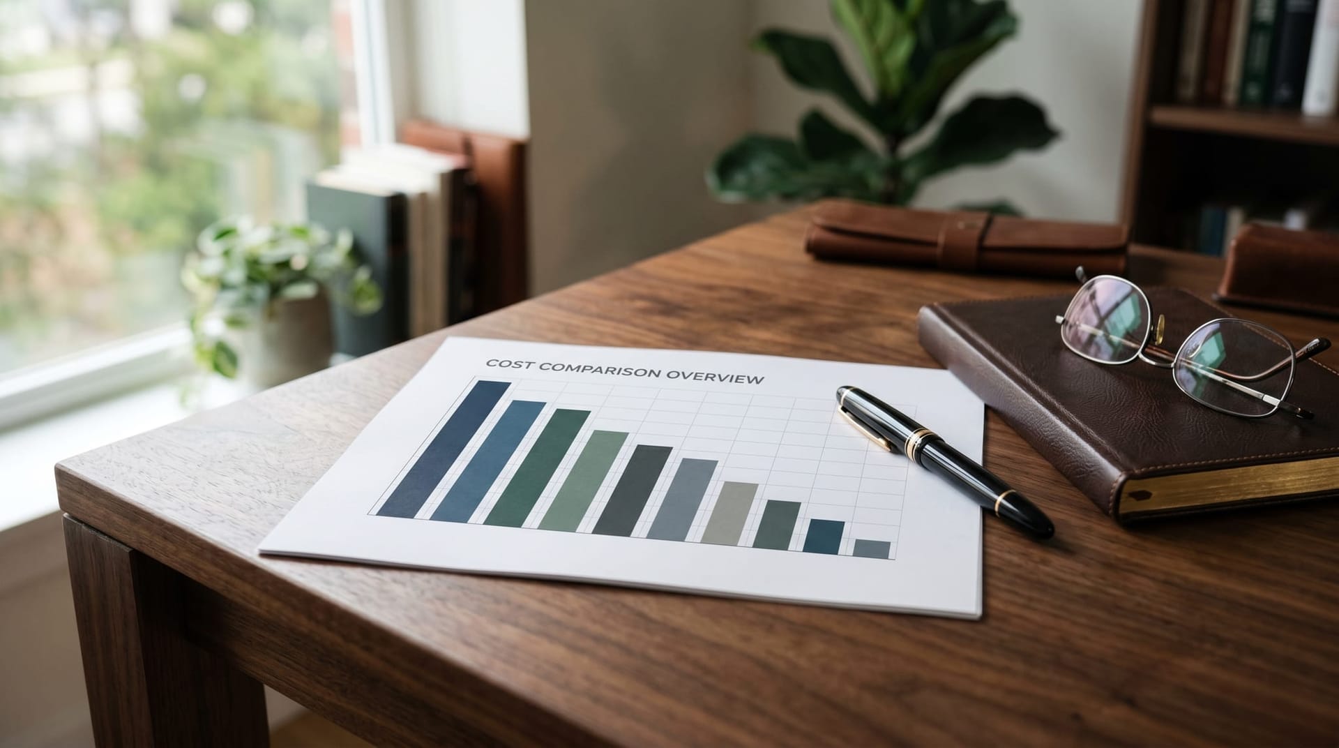 Close-up of a printed AI token-cost comparison chart on a desk with a fountain pen and reading glasses showing how DeepSeek-V4 pricing reshapes frontier AI economics.