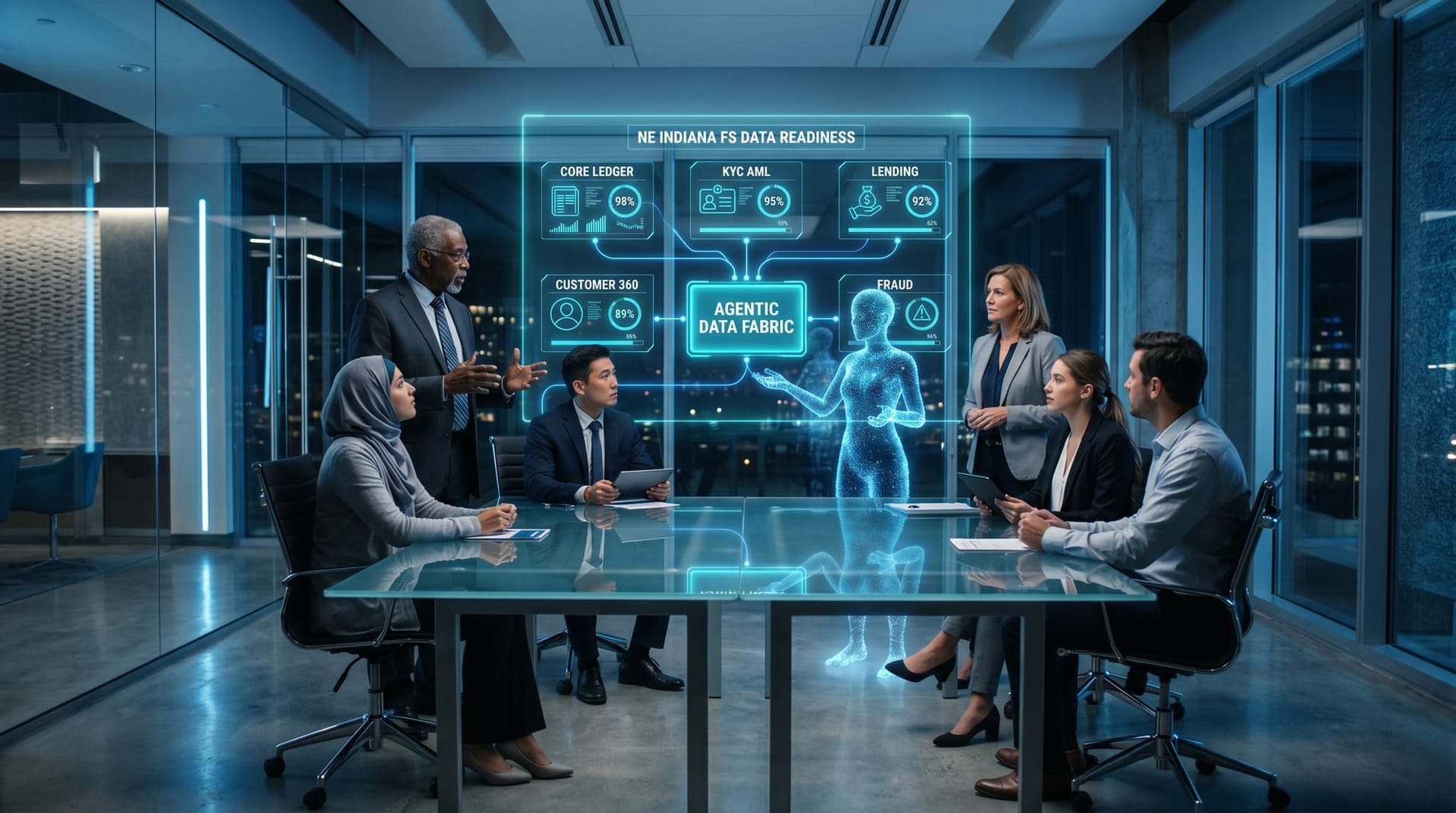 Diverse NE Indiana financial services leadership team studying a floating cyan holographic data-readiness audit as a translucent AI humanoid traces fragmented systems into a unified agentic data fabric.