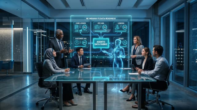 Diverse NE Indiana financial services leadership team studying a floating cyan holographic data-readiness audit as a translucent AI humanoid traces fragmented systems into a unified agentic data fabric.