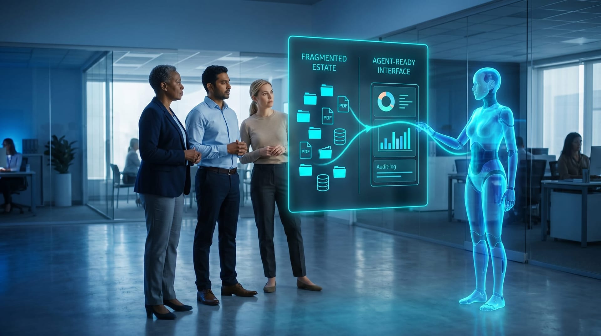 Diverse compliance and IT colleagues review a floating cyan holographic data-availability panel showing fragmented financial systems converging into a single agent-readable interface.