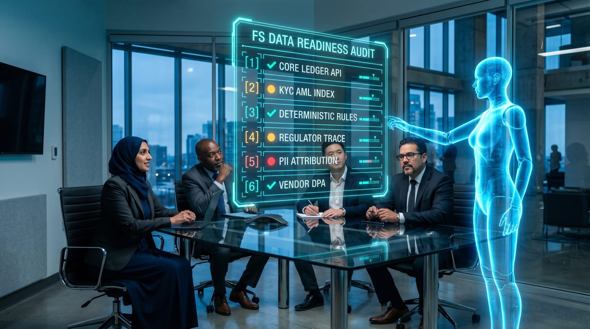 Bank compliance officer and CIO score a floating cyan holographic six-question audit checklist as a translucent AI humanoid annotates the regulator-evidence pass-band indicators.
