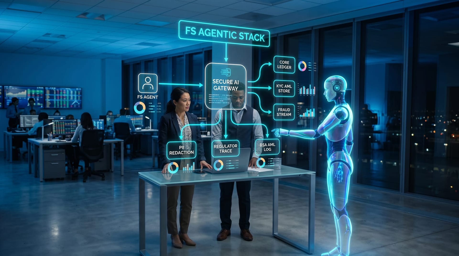 Floating cyan holographic architecture diagram showing a Secure AI Gateway between an FS agent and a core banking ledger with redaction, regulator-trace store, and BSA/AML logging branches.