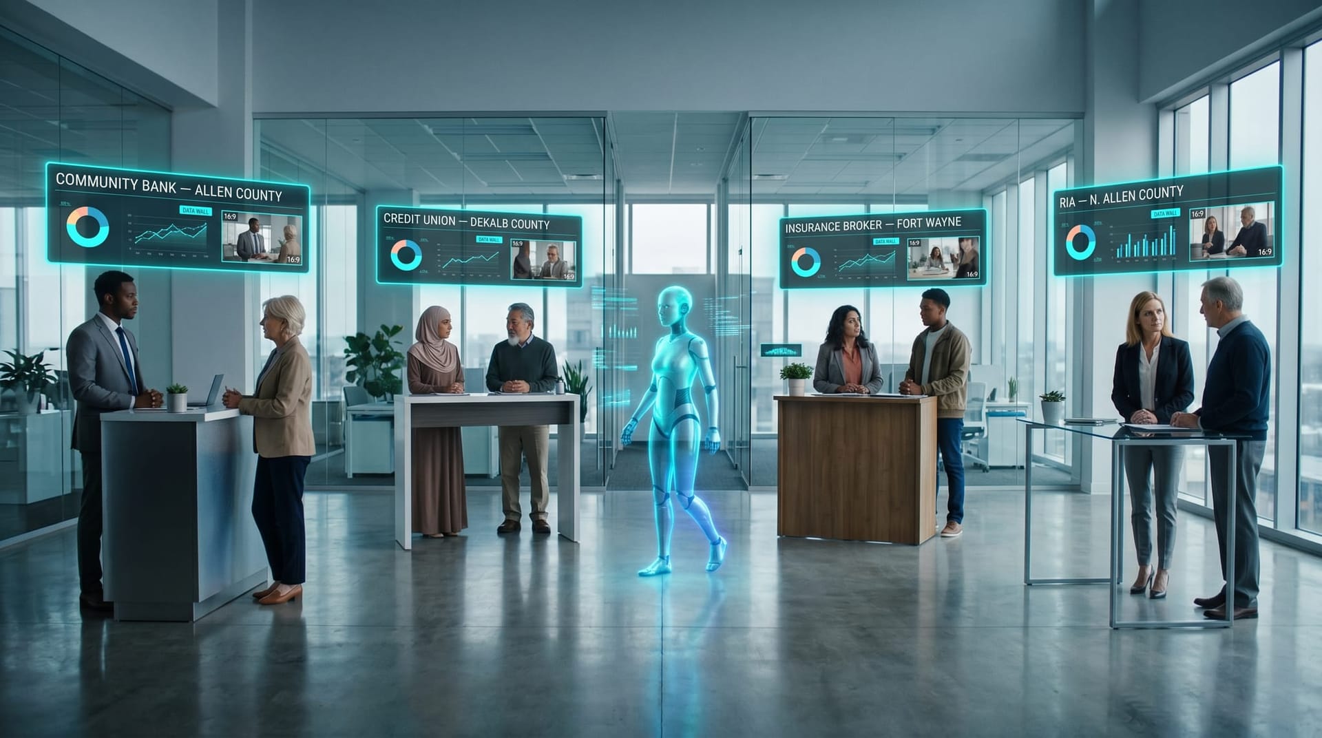 Four NE Indiana financial services archetype clusters — community bank, credit union, insurance brokerage, RIA — each with a floating cyan holographic data-wall panel as a translucent AI humanoid walks between them.