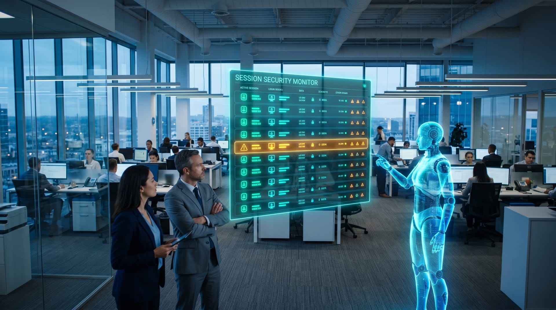 A holographic cyan session-security monitor watching login tokens across a community bank operations floor with a translucent AI Employee avatar