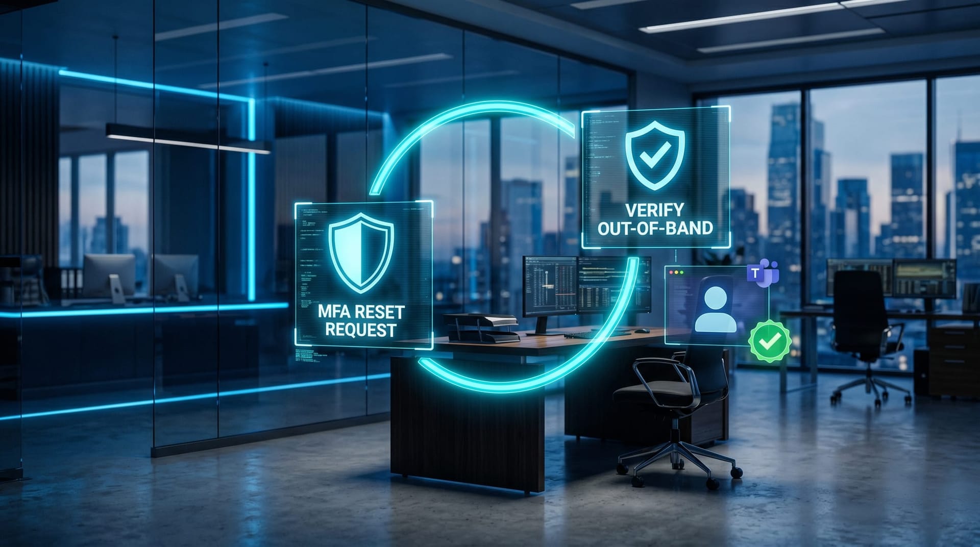 A holographic verification checkpoint showing an MFA reset request being confirmed through a second out-of-band channel in a glass-walled bank office